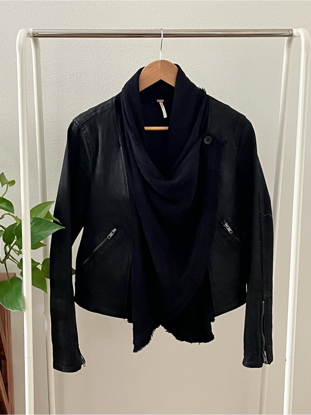 Free People Women's Black Denim Moto Jacket with Knit Shawl Collar